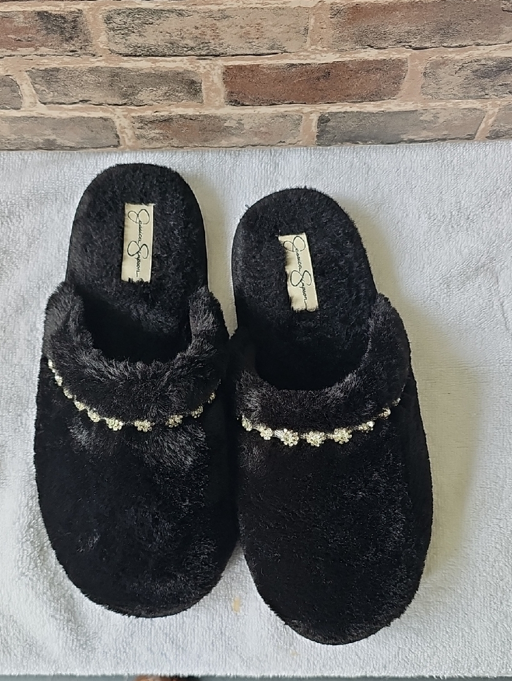 Jessica Simpson Black Faux Fur Slip-On Slippers with Decorative Gem Trim
